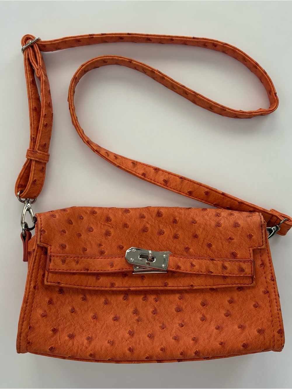 Faux Bright Orange Ostrich Leather Shoulder Crossbody Bag Tote Convertible